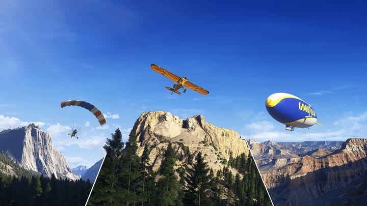 A blimp flying over a scenic mountain landscape in Microsoft Flight Simulator