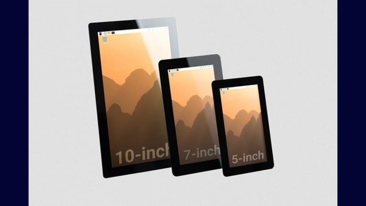 Three Raspberry Pi Touch Display 2 screens of different sizes standing next to each other