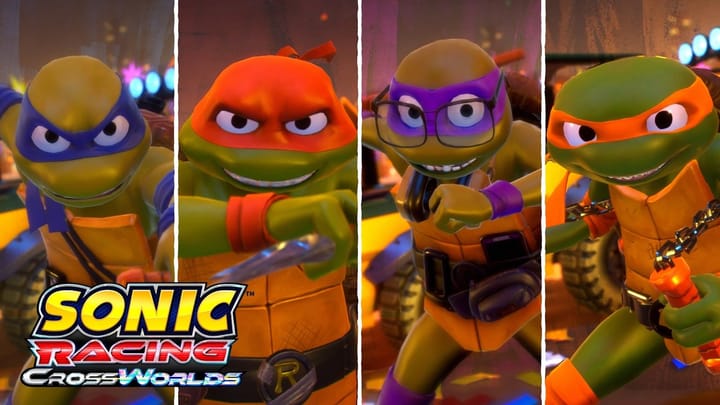 Sonic Racing: CrossWorlds - Teenage Mutant Ninja Turtles Pack Launch Trailer thumbnail featuring Leonardo, Raphael, Donatello, and Michelangelo