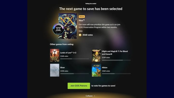 GOG Preservation Program graphic announcing NOX as the next game being added