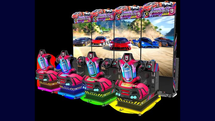 Promotional graphic for Asphalt 9 Legends Arcade DX Plus cabinet