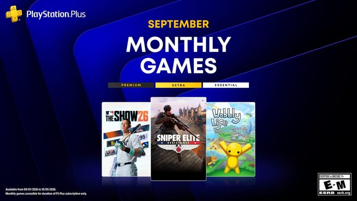 PlayStation Plus Monthly Games lineup banner for September 2026 featuring Sniper Elite: Resistance, MLB The Show 26, Wobbly Life, and Chained Echoes