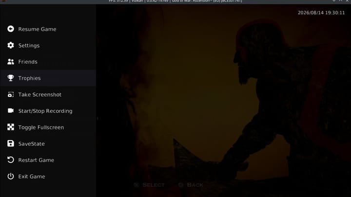 Screenshot demonstrating in-game trophy sorting options in the RPCS3 PlayStation 3 emulator overlay menu