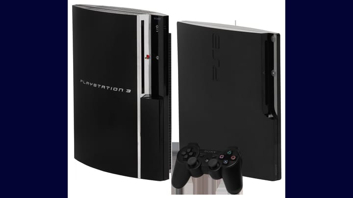 Three different models of the PlayStation 3 console standing upright