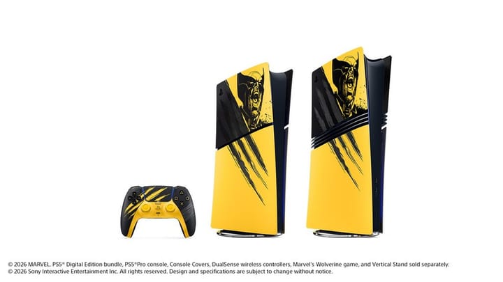 Marvel's Wolverine Limited Edition PS5 Console bundle and DualSense controller in yellow with slash marks.
