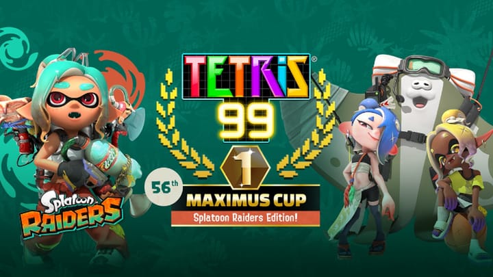 Official promotional graphic for the Tetris 99 56th MAXIMUS CUP event featuring Splatoon Raiders themed artwork