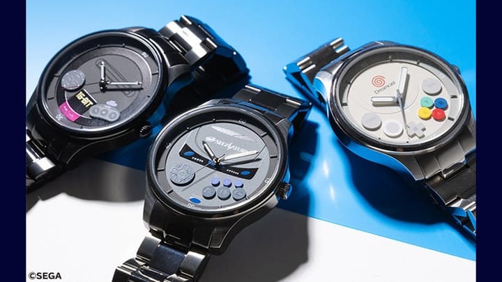 SuperGroupies Sega Hardware collaboration watch collection featuring Mega Drive, Sega Saturn, and Dreamcast models