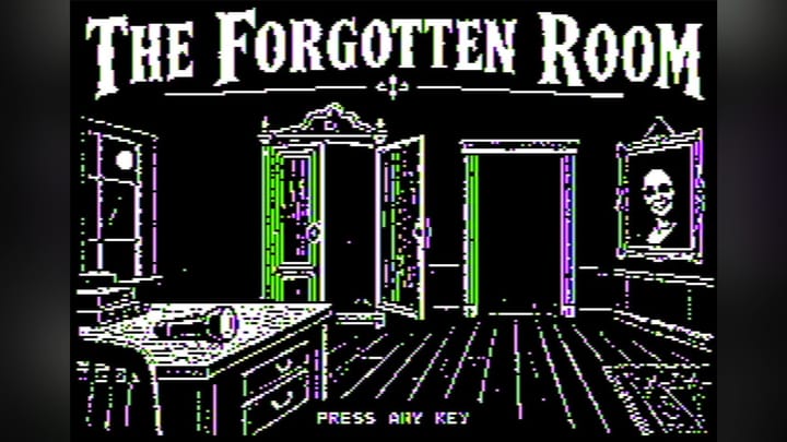 A black and white high-resolution graphic screen from The Forgotten Room on the Apple II