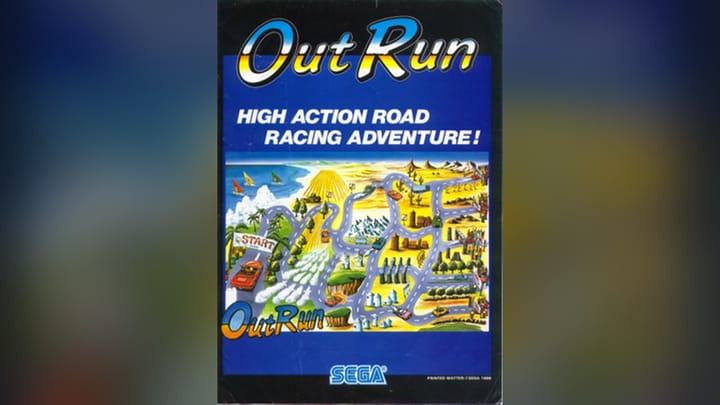 The original arcade flyer artwork for Sega's Out Run, featuring a red Ferrari Testarossa.