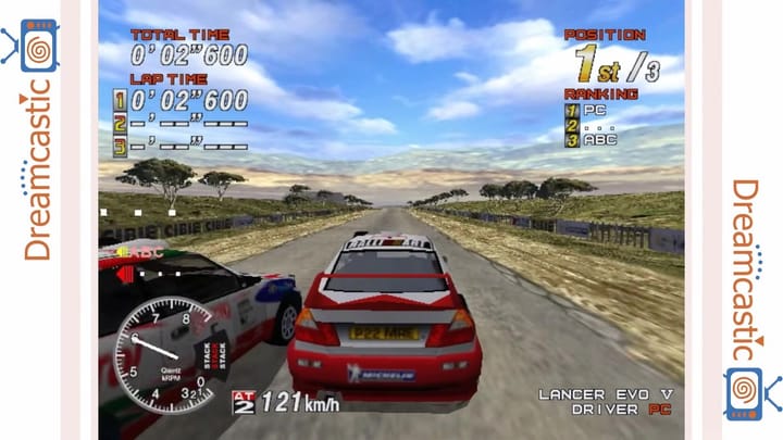 Start of a 3-player online race on the Desert track with Lancer Evo V and Celica cars side-by-side