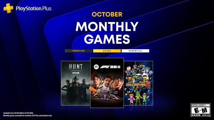 PlayStation Plus Monthly Games lineup for October 2026 featuring F1 25, Hunt: Showdown 1896, and Earth Defense Force: World Brothers 2