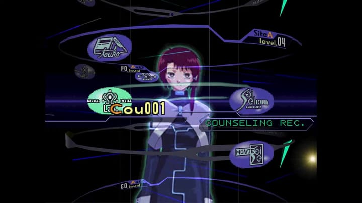 3D interface of the native port showing the main character Lain surrounded by interactive multimedia rings and data nodes.