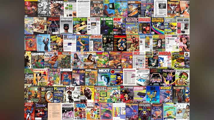 A collage featuring dozens of different vintage video game magazine covers celebrating over 5,000 digitized issues in the VGHF Digital Archive