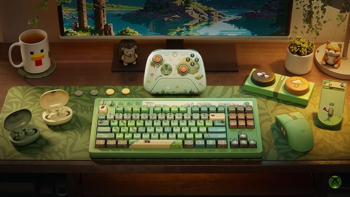 Designed for Xbox Cozy Collection featuring themed 8BitDo keyboards, controllers, mice, SteelSeries earbuds, and KontrolFreek thumb grips