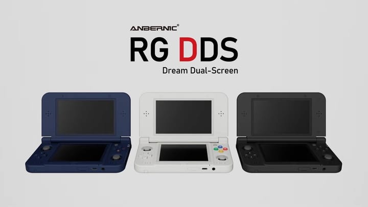 Anbernic RG DDS dual-screen handheld console announcement graphic