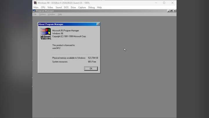 Windows 98 full screen Program Manager and its about box on DOSBox-X