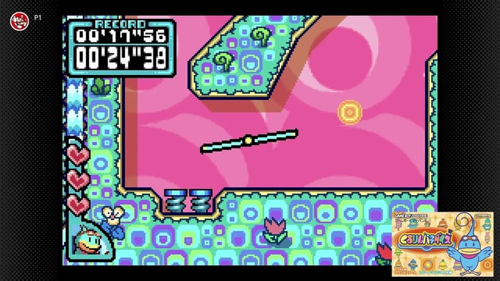 Kururin Paradise puzzle maze navigation showing the rotating Helirin stick maneuvering through obstacles