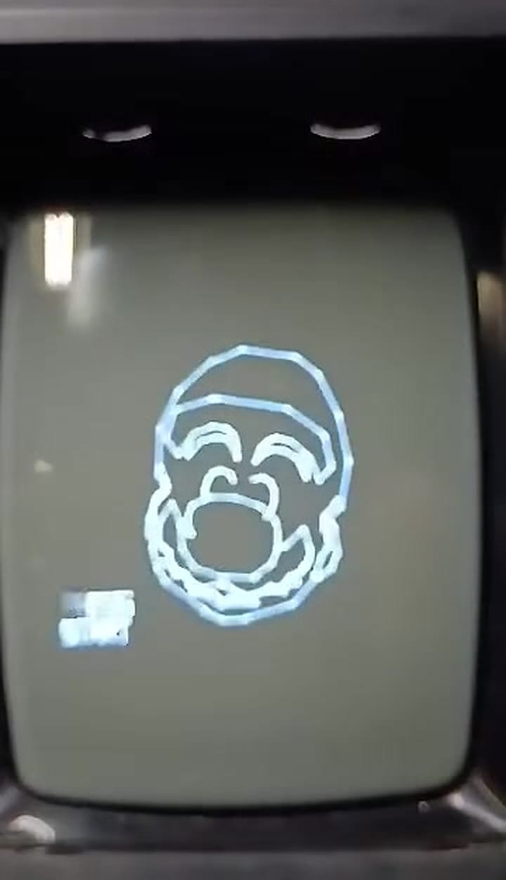 Mario's iconic 3D face from the opening title screen rendered completely in glowing white vector lines on the Vectrex CRT