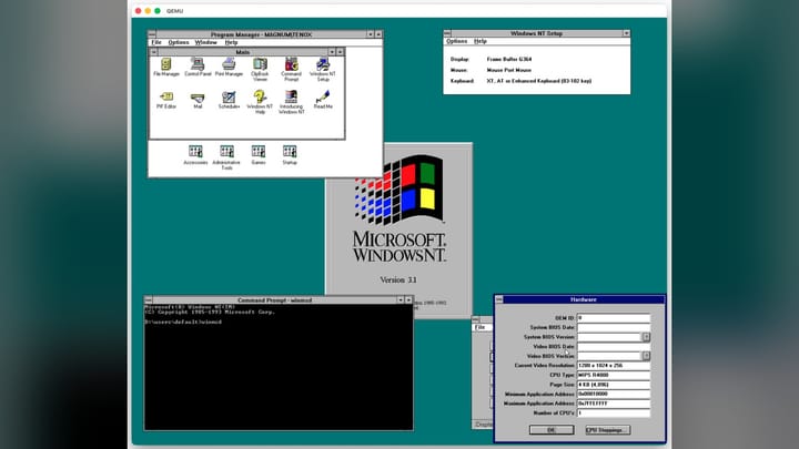 A screenshot of Windows NT 3.1 running on the QEMU MIPS emulator