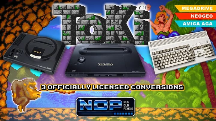 Official announcement artwork for Toki arcade conversions by New Old Pixels