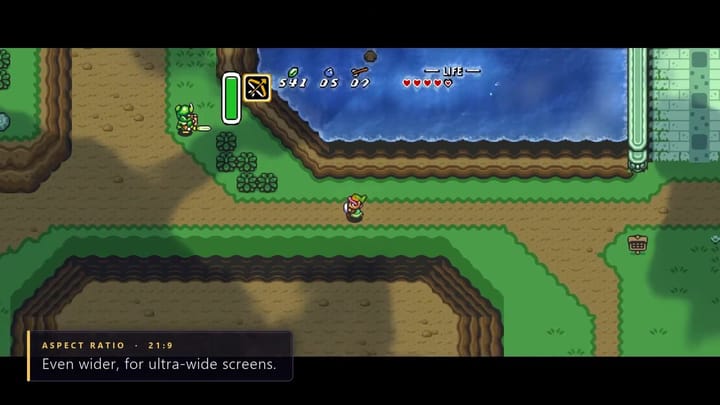 Link crossing the bridge to Hyrule Castle presented in ultra-wide 21:9 aspect ratio.