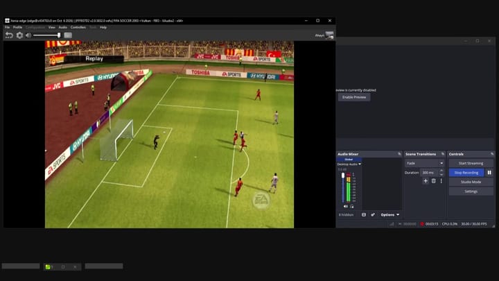 In-game instant replay showing real-time rendering of a goal attempt near the net
